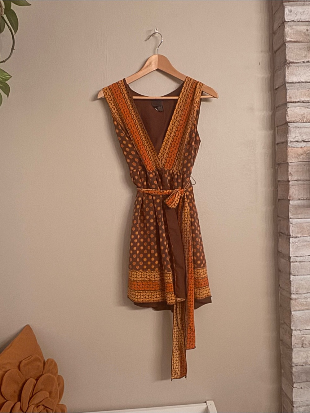 Anna Sui Brown and Orange V‑Neck Mini Dress